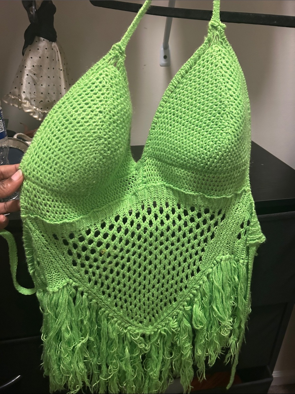 Neon Lime Crochet Fringe Halter Top
